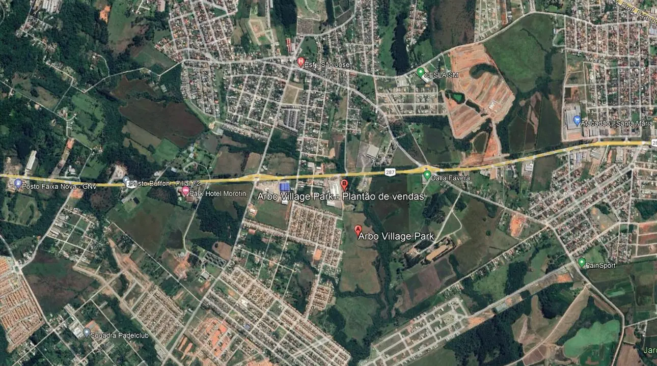 Mapa aéreo com a localização do ARBO Village Park ao lado da RSC-287, em Camobi