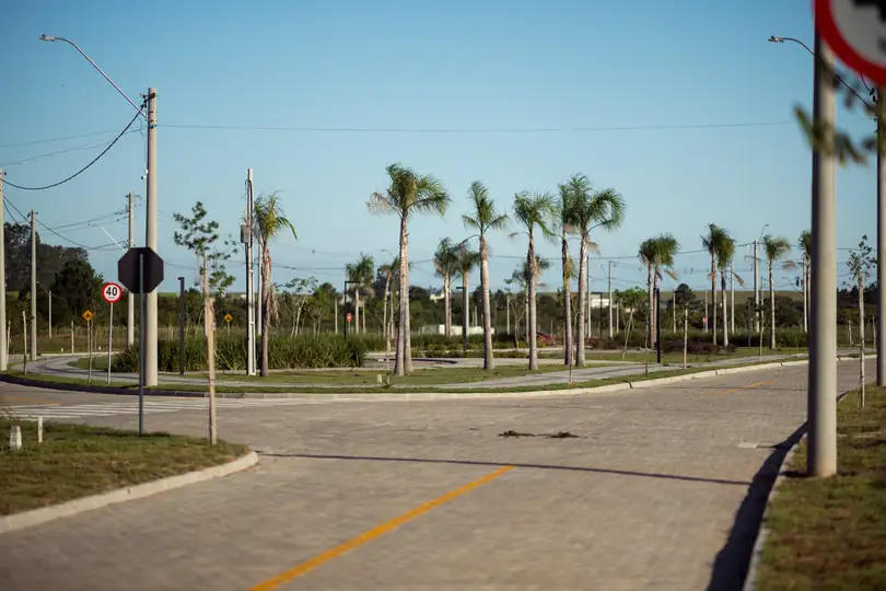 Rua pavimentada e arborizada do ARBO Village Park